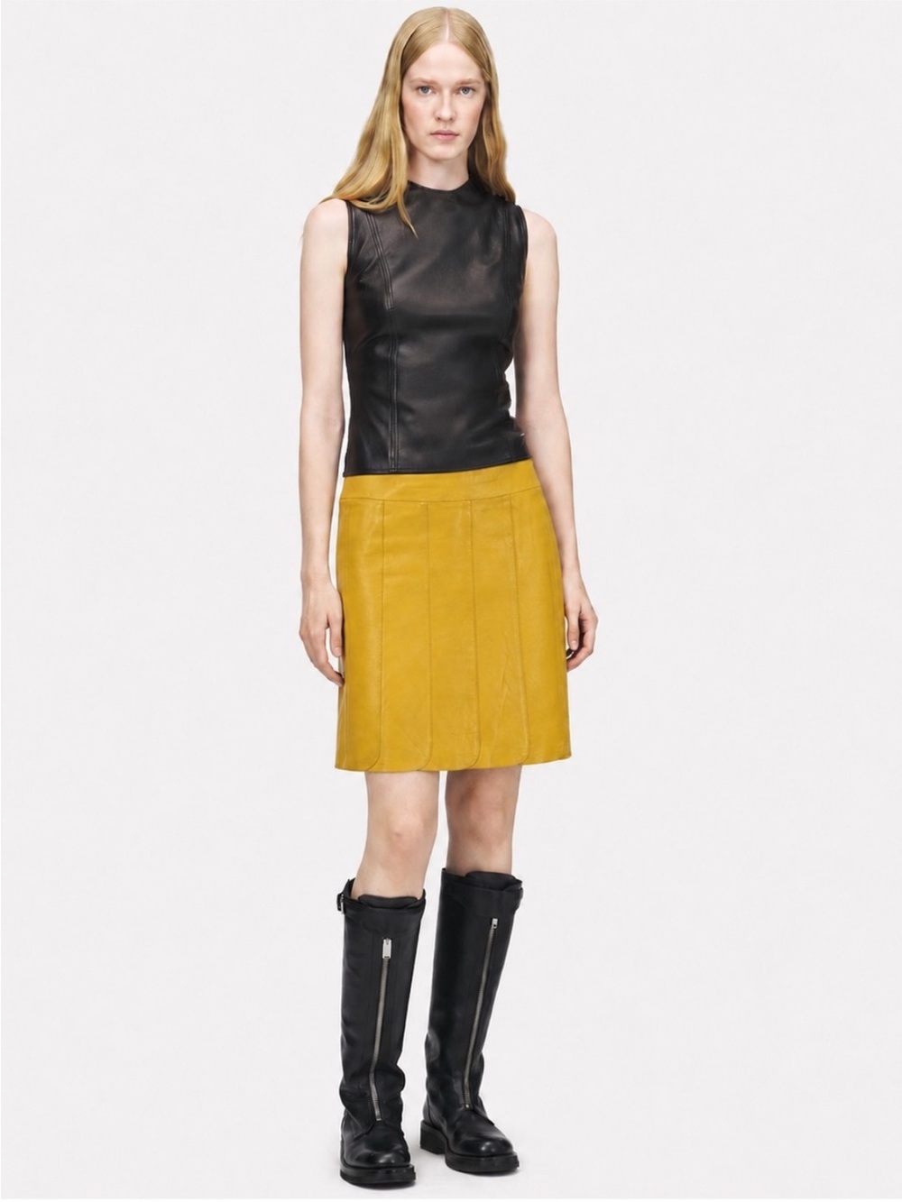VTG Newport News Yellow Leather Mini Skirt Scallop Hem M